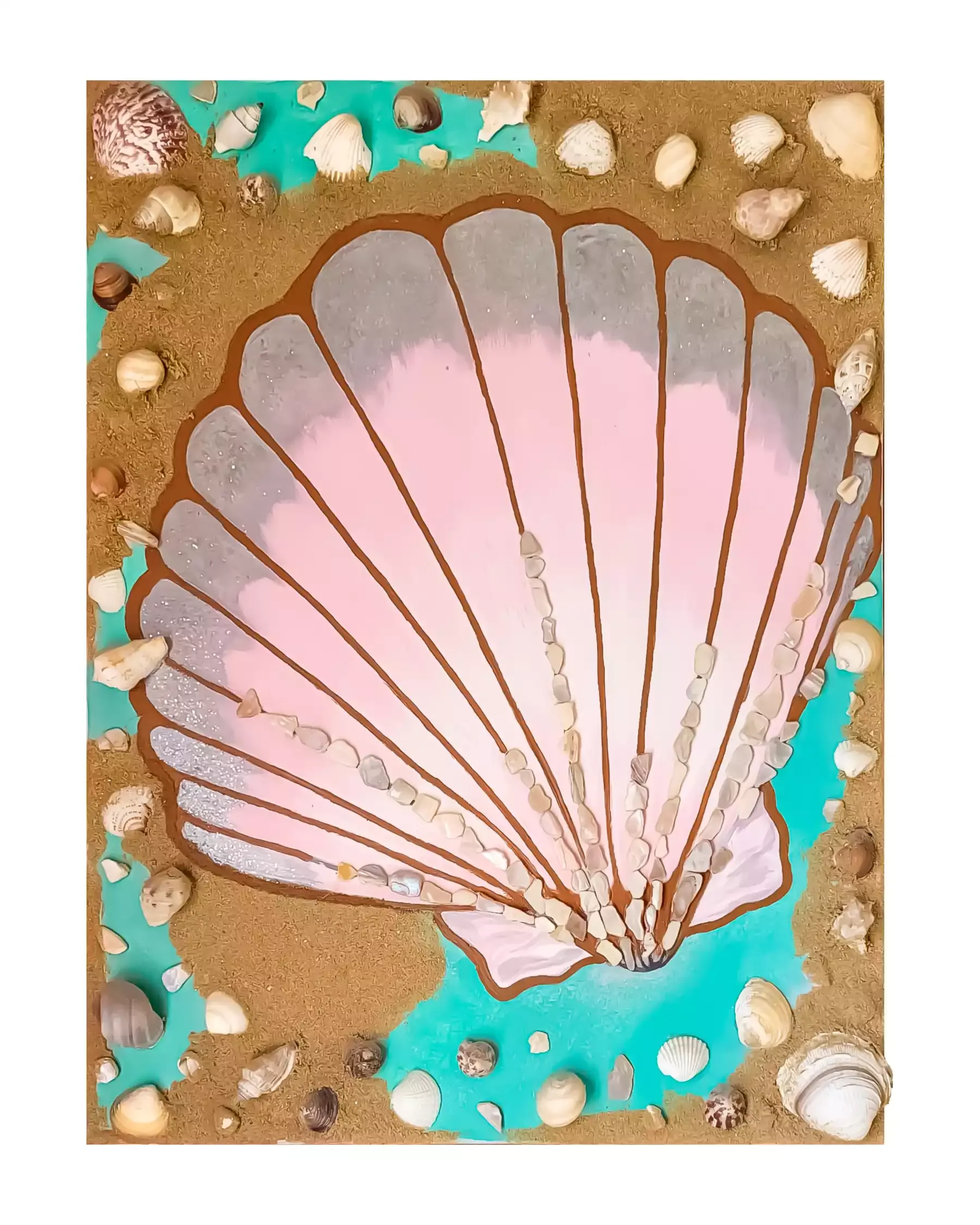 A large, pink scallop shell with intricate details, surrounded by a sandy texture and a collection of various seashells. The background features a turquoise-blue color, representing the sea, blending with the sandy elements. The scene combines natural elements with a vibrant color palette, creating a beach-themed composition.