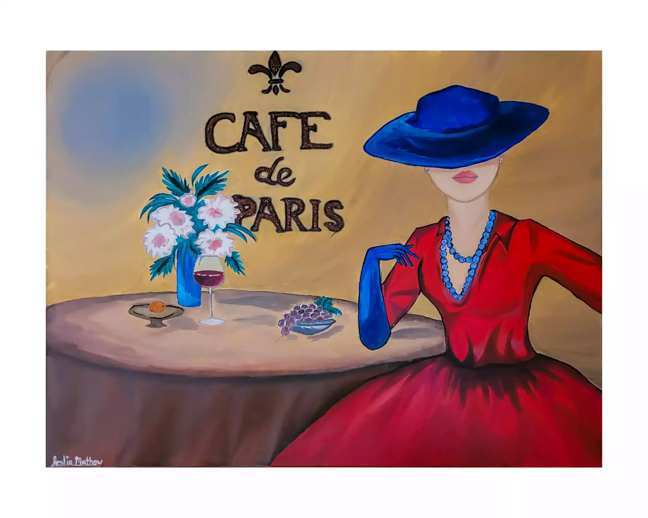 A stylish woman wearing a large blue hat and matching blue gloves, a red dress, and a blue beaded necklace sits at a table in a Parisian café. The table is adorned with a vase of pink and white flowers, a glass of red wine, a plate with a single orange, and a bowl of grapes. The background features the words 'Café de Paris' in elegant, dark script against a warm, muted backdrop, giving the scene a chic and sophisticated ambiance.