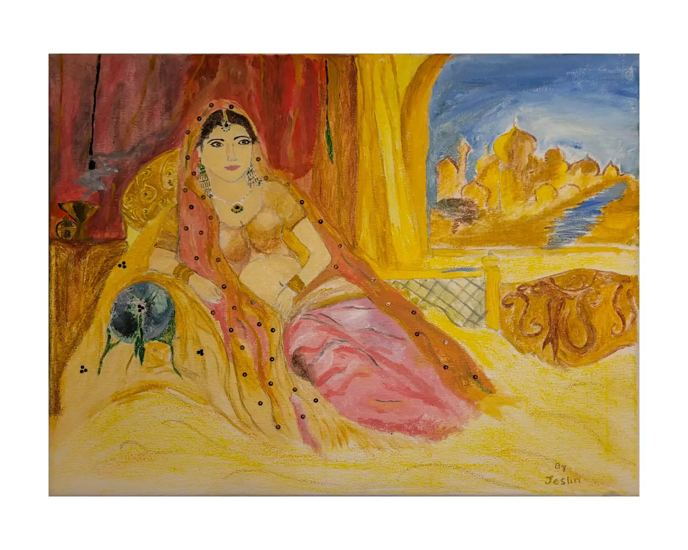 A woman dressed in traditional Indian attire, including a pink and gold sari adorned with black embellishments and a matching headpiece. She sits on a golden couch with a serene expression. Behind her, rich red and gold drapes frame the scene, while a window reveals an architectural view of an opulent palace bathed in golden light against a blue sky. The scene exudes an aura of regal elegance and cultural richness.