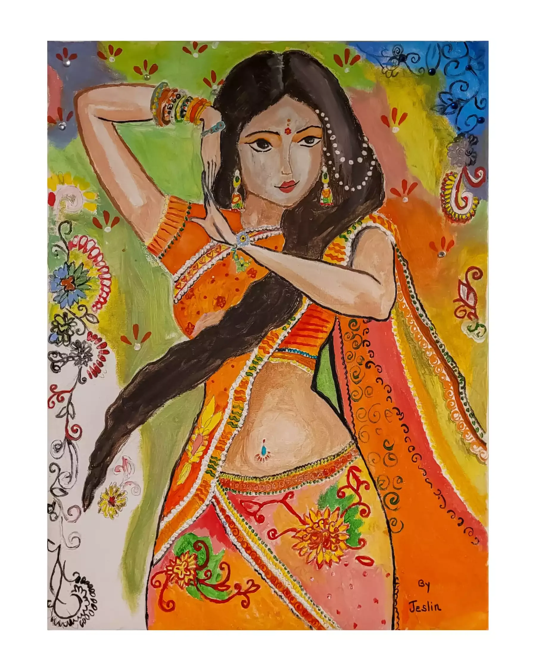 A woman in a vibrant orange and green traditional Indian outfit adorned with intricate floral patterns and embellishments. She is striking a dance pose, with one arm raised and the other bent at her elbow, fingers elegantly poised. Her long, dark hair flows down, and she wears colorful bangles, earrings, and a bindi on her forehead. The background is a blend of bright, swirling colors and floral designs, adding to the lively and dynamic feel of the scene.