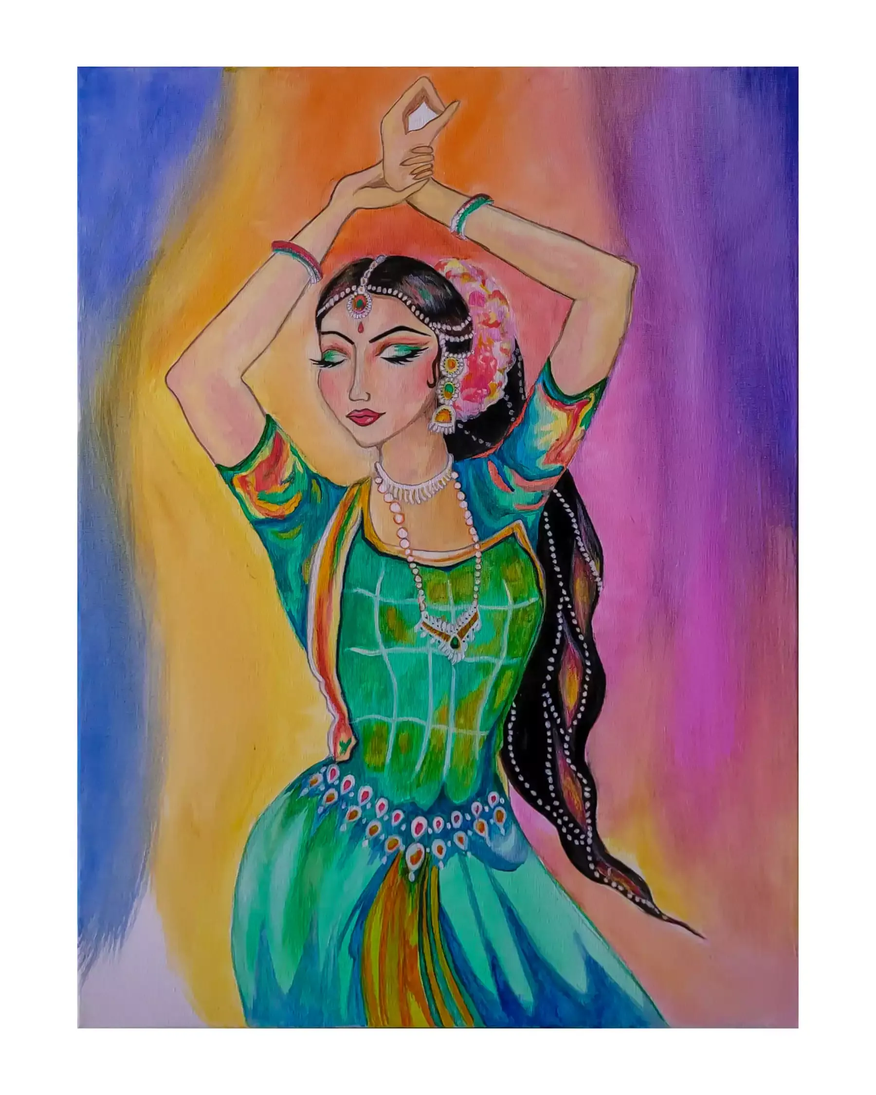 A woman in a traditional dance pose, wearing a vibrant green dress with intricate patterns and colorful accents. Her arms are gracefully raised above her head, and she has a serene expression on her face. She is adorned with jewelry, including a headpiece, earrings, and necklaces. Her long, dark hair is styled with decorative elements. The background is a blend of warm and cool hues, including shades of orange, yellow, blue, and purple, creating a dynamic and lively atmosphere.