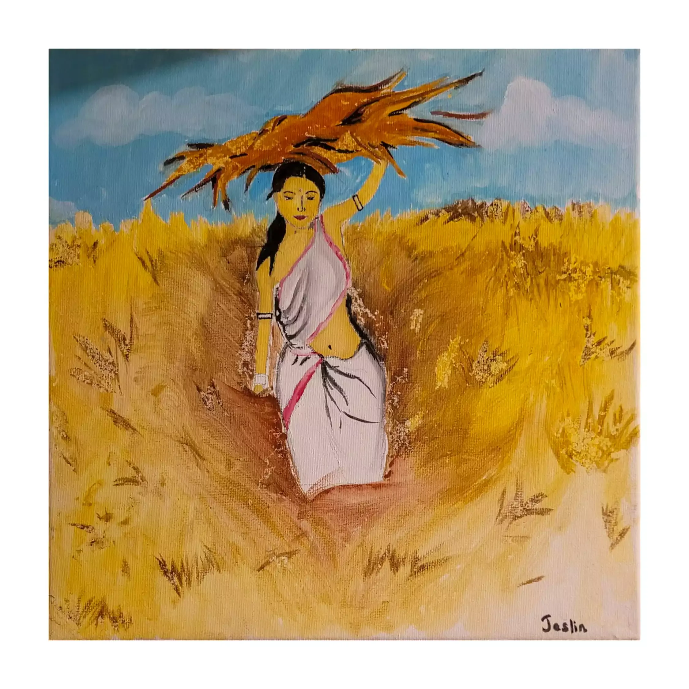 A woman wearing a traditional white sari with pink trim, carrying a bundle of firewood on her head. She is depicted walking through a golden wheat field under a bright blue sky with a few scattered clouds. The scene captures the simplicity and beauty of rural life, with warm, earthy tones dominating the composition, conveying a sense of hard work and connection to nature.